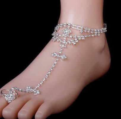 Women Crystal Barefoot Sandal Foot Jewelry decoration Anklet Chain Beach Sandal with Toe Ring Wedding Bridal Accessory Lady Party Anklet