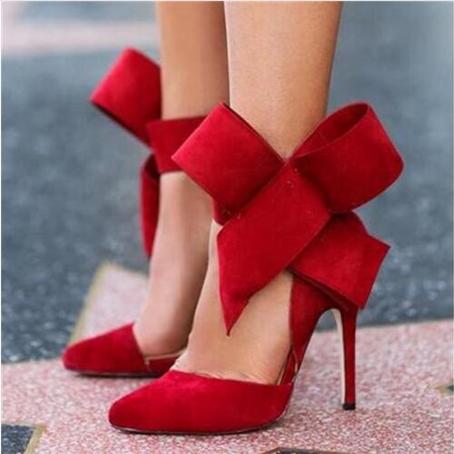 Fashion Women's Shoes Pointed Toe Big Bowknot Thin Heels High Heels Sandals Shoe Female Wedding Shoes Plus Size 9 Red Blue Black