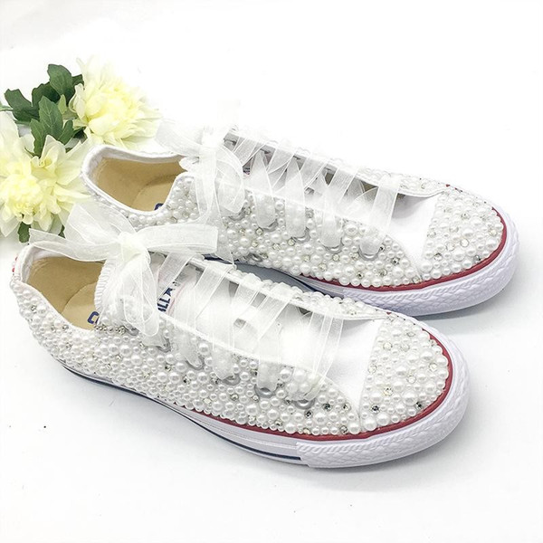 Downton Handmade Crystals Pearls Wedding Shoes Sneakers Bridal flat Shoe Canvas plimsoll bridesmaid Sneilettos Shoes For Women Bridal Shoes