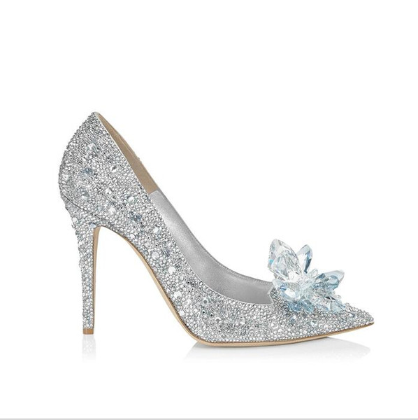 Cinderella Crystal Shoes High Heeled Women Stunning Glasses Bling Silver Rhinestone Bridal Wedding Shoes Different Size Prom Party