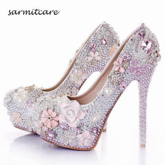 W015 Handmade Full Rhinestones Pearl Flowers Covered Platform High Heels White Pink Wedding Shoes Customized Bridal Shoes Cinderella Shoes