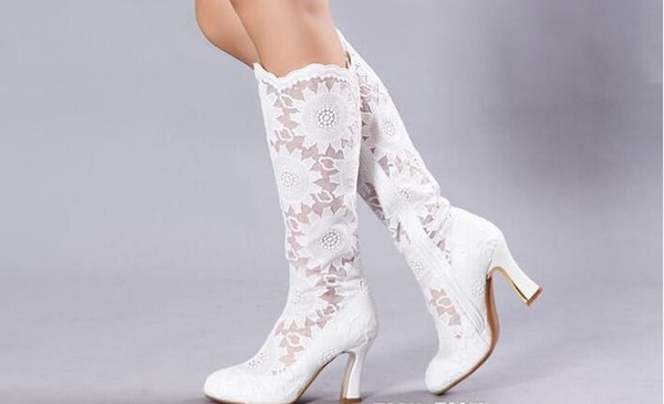 2016 Fashion White Lace Bridal Wedding Boots Shoes Mid Heels Knee Length Cowgirl Bridal Boots Custom Made Fall /Winter Black Lace Long Shoes