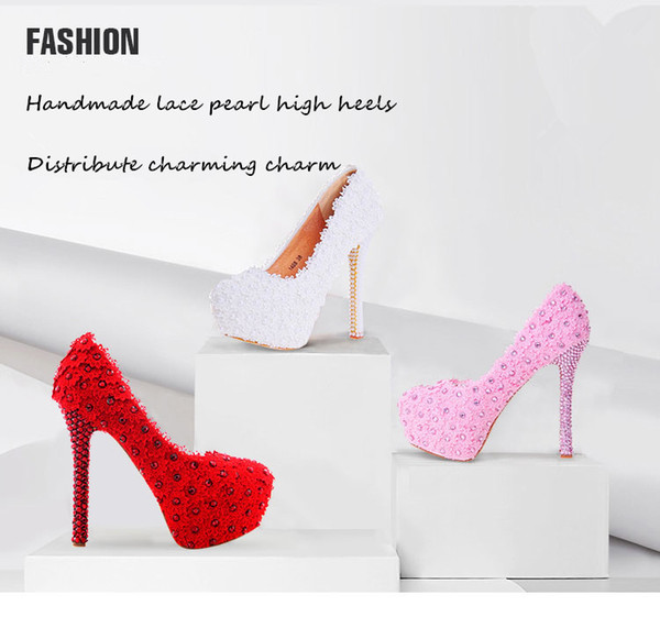 3 color high-heeled wedding shoes pearl flower lace bridal shoes waterproof platform dress shoes 7 kinds of height options