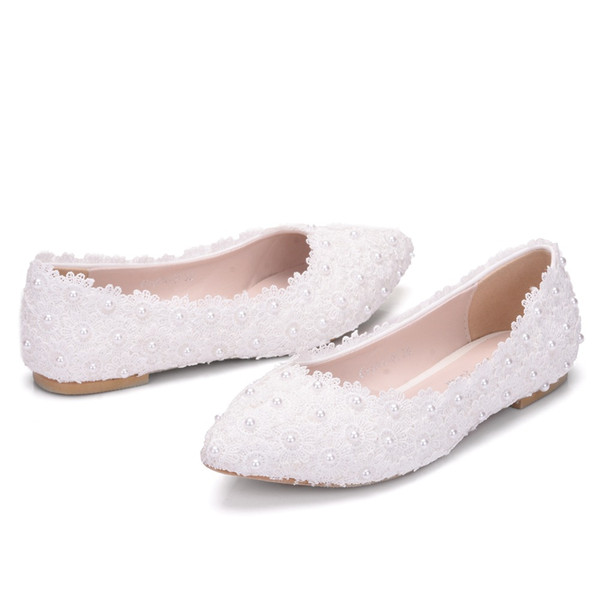 2019 New Style White Flats Lace Wedding Bridal Shoes silk shoes maternity flats pearl flats