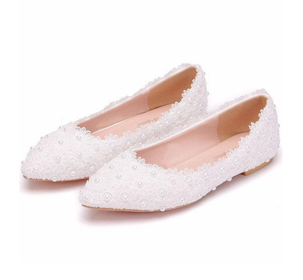 Large size women white lace flat shoes wedding bridal shoes show pink lace pearls shoe pregnant female flatforms casual shoes for brides