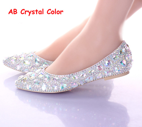 Flat Heels Pointed Toe AB Crystal Wedding Shoes Silver Dancing Flats Performance Show Women Dress Shoes Bridal Bridesmaid Shoes