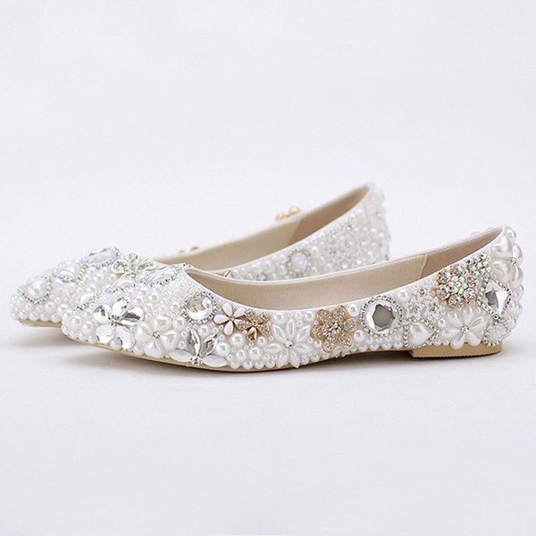 Beatiful Flat Heel White Pearl Wedding Shoes Comfortable Crystal Bridal Flats Customized Mother of Bride Shoes Plus Size