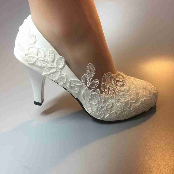 Handmade Women Fashion White ribbon Wedding shoes heel ballet lace flower Bridal Bridesmaid shoes size EU 35-42