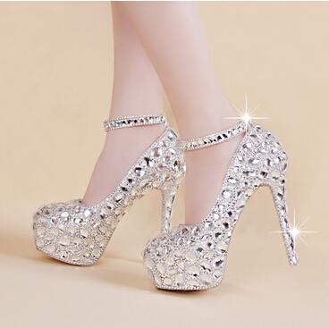 Hot Elegant Bridal Wedding Shoes Ankle Strappy Crystal High Heel Shoes Rhinestone Pearl Sparkling Wedding Nightclub Princess Shoes Silver