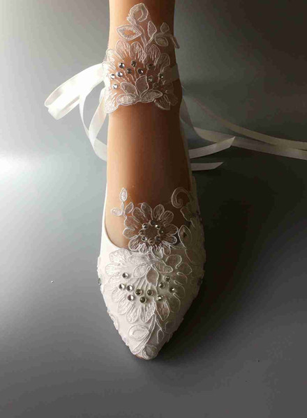 Wedding Handmade shoes white Ribbon bride wedding dresses Han edition diamond lace manual wedding Flat shoe female Flower EU 35-41