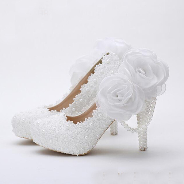 White Flower Lace Platform Bridal Shoes Beautiful Women High Heels Handmade Lace Wedding Dress Shoes Girl Birthday Party Pumps