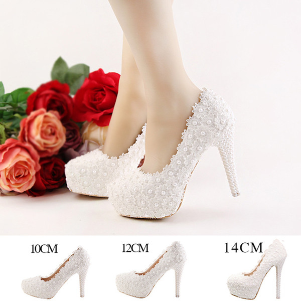 Fashion luxury Lace Flowers Pearls Bridal Wedding High Heels Shoes Bridesmaid Prom Party Designer Women Shoes 10cm/12cm/14cm Heel