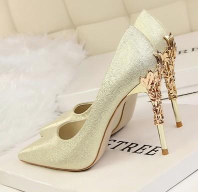 gold silk new style metal heel sexy pointed toe pump 10cm heel women dress shoes bride shoes 487