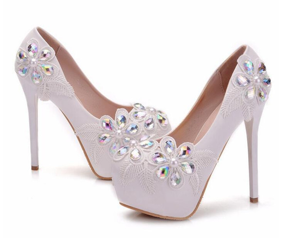 2019 New Arrival White Lace Crystal Wedding Shoes For Bride High Heels Bride Wedding Shoes Free Shipping Closed-Toe