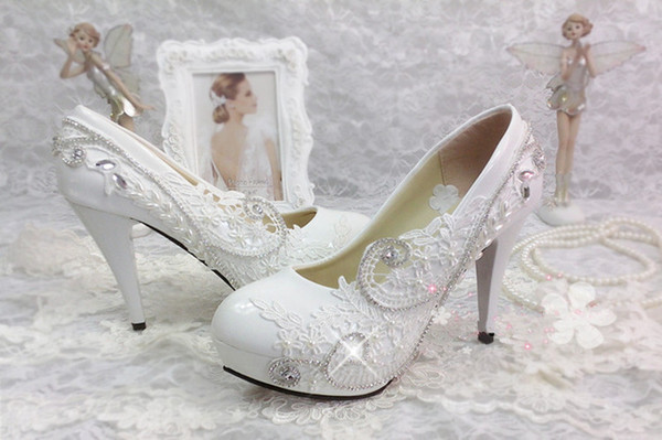 The Bride Wedding Shoes Lace Flower Bridesmaid Performance Diamond Pearl White Picture Taken Women's Ultra With Crystal Bridal Shoes Satin