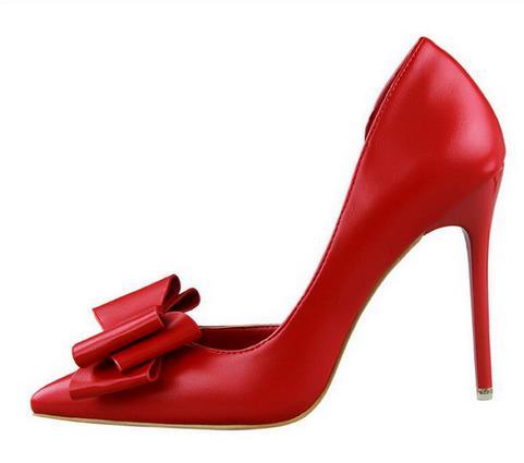Fall Pointed Bow Shallow Mouth Women Pumps 10CM Pink Bride Wedding Shoes Woman Shoes Sexy Nightclubs High Heels