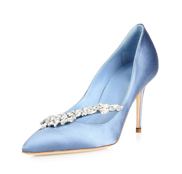 Luxury Crystals Blue Wedding Shoes 3.5 Inch High Heels Luxury Shining Bridal Shoes Real Leather Party Sandals Shoes For Women