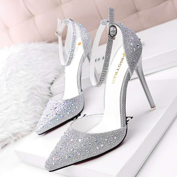 Silver Rhinestone Stiletto Heel Wedding Shoes About 10.5cm High Heel Fashion Pumps Evening Party Prom Shoes Luxury Shoes Cheap