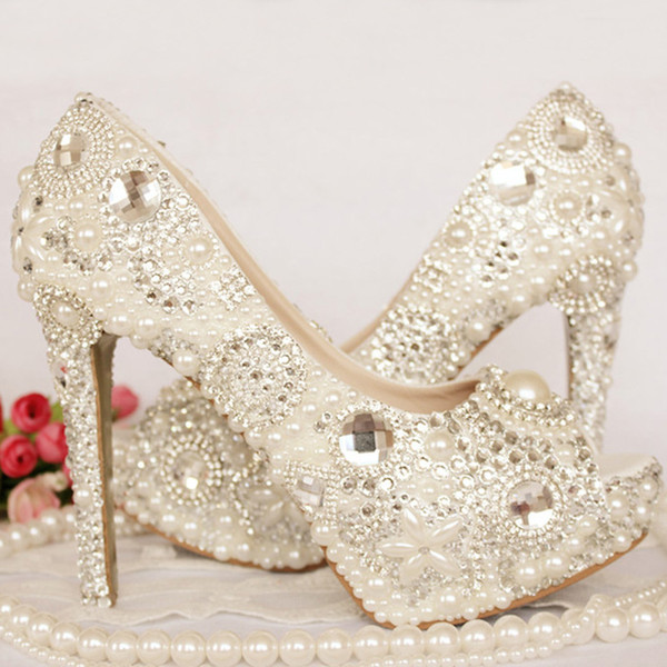 Peep Toe Rhinestone Wedding Shoes Crystal Ivory Pearl Bride Shoes Custom Made Women High Heel Platforms Mother of the Bride Shoes