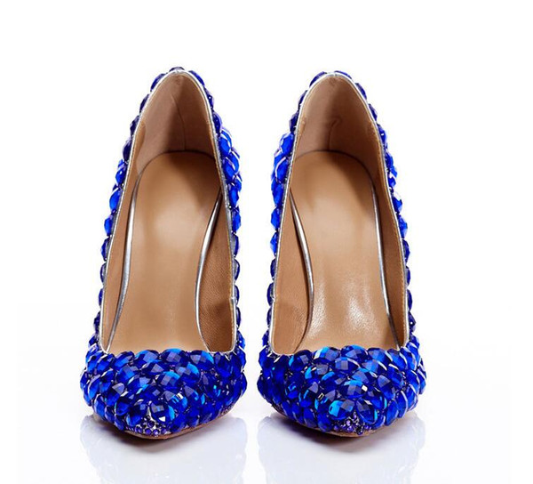 Luxurious Elegant Imitation Crystals Wedding Dress Bridal Shoes Crystal Diamond Low-Heeled Shoes Woman Lady Dress Shoes Royal Blue