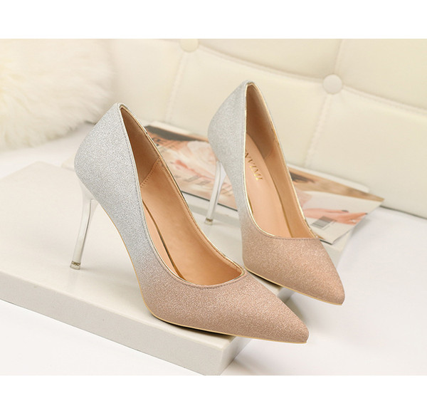 wholesale price Bride Wedding Pointed Toe Slip-On Stiletto Hee Appliqued Buckle Sequined Ladies Dress Shoes grey pink gold purple size 34-39