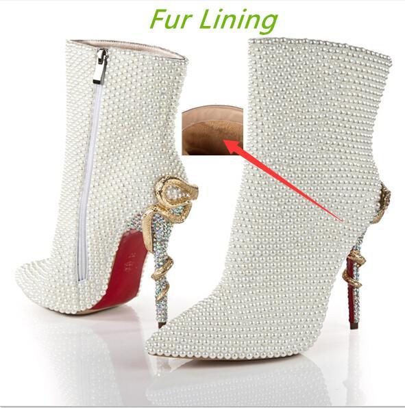 Cheap White Dress Shoes Rhinestone Pearls Wedding Bridal Boots For Winter women fashion Red Bottom Snake Heels Pumps with Warm Fur Lining