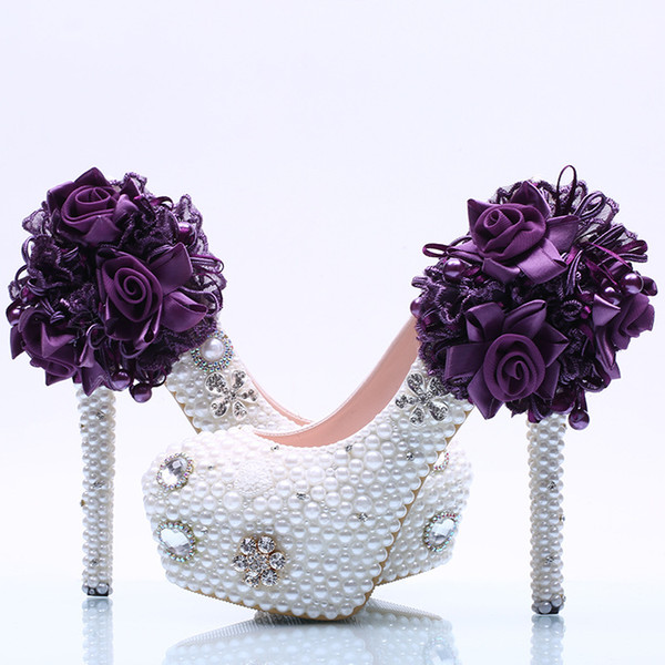 Purple Lace Flower High-heeled Waterproof Table Crystal Dress Set Diamond Shoes