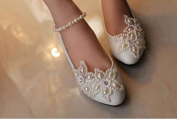 2016 White Five-Pointed Star Pearl Rhinestone Beaded Anklet Wedding Shoes Bridesmaid Shoes Handmade Shoes Woman Flats