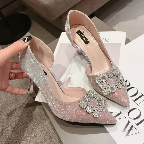 New Luxury Shinny Wedding Shoes Crystal High Heel Rhinestones Silver Pink Gradient Bridal Shoe Princess Party Evening Birthday Shoes 2018