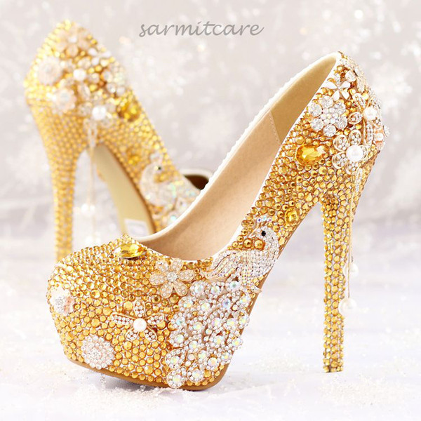 W016 Handmade Full Rhinestones Covered 3.5cm Platform High Heels Gold Rhinestone Wedding Shoes Bridal Shoes Gold Heels