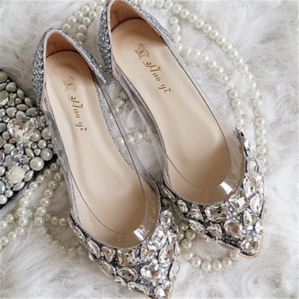 Free 2015 new wedding shoes handmade silver rhinestone flat shoes elegant lady dress shoes Transparent boat shoes bridal shoes