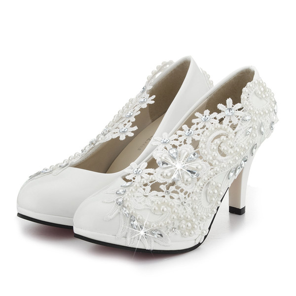 Pumps Handmade Lace Pearl Wedding Shoes Rhinestones White Bridal Shoes Bridesmaid Banquet Dress Women 8cm High Heel Pumps