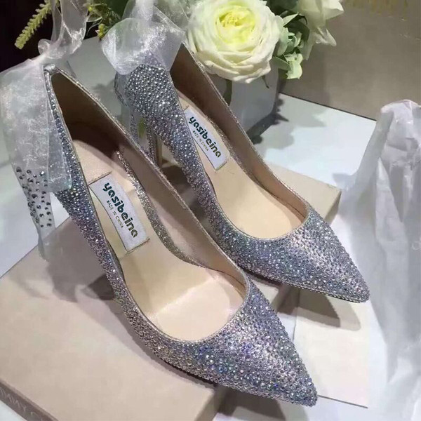 Perfect Bride diamond Silk ribbon ankle strap wedding shoes 7 /9 cm high-heeled shoes Silver dress shoes white wedding pointed