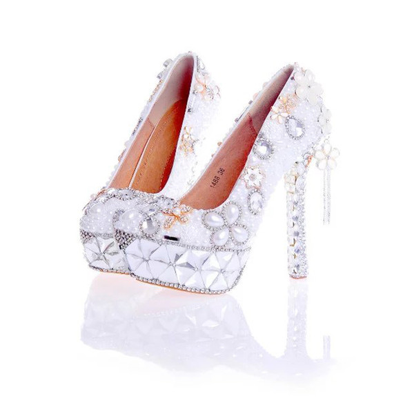 2017 Handmade Wedding Shoes White Pearl with Crystal Gorgeous Bridal Shoes Women Party Pumps Platform High Heel Valentine Shoes