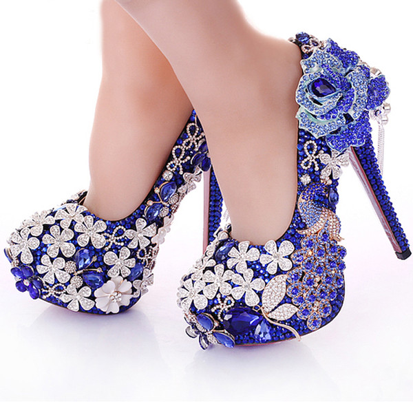 Blue Crystal Wedding Dress Rhinestone Peacock Gorgeous High Heel Shoes Nightclub Prom Dress Shoes Bridal Dress Shoes