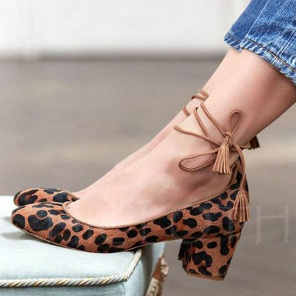 Vintage Shoes Lacing Bullock Low-Top Chunky Mid Heels Shoes Women's Pumps Round Toe Casual Leather Shoes