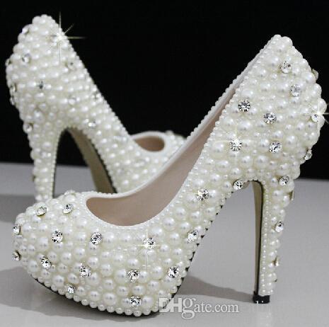 Fashion Luxurious Pearls Crystals Wedding Shoes 2018 High Heel Bridal Shoes Party Prom Women Shoes Free Shipping