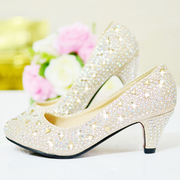 Shiny Crystal 2015 Wedding Shoes 5cm Medium Heel Sequined Bridal Shoes Rhinestone Silver Prom Party Shoes Red and Gold