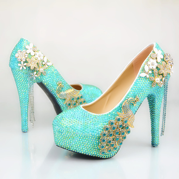 Wholesale Turquoise Flower Tassel Cinderella Shoes Prom Evening High Heels Beading Rhinestones Hand-made Bridal Bridesmaid Wedding Shoes