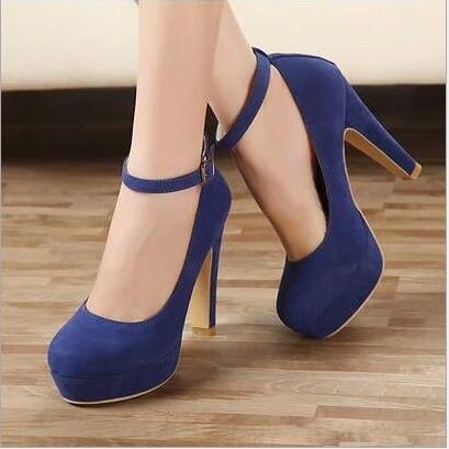 2019 Black Royal Blue Red Round Toe Chunky Buckle Casual Women High Heeled Wedding Shoes New Arrival