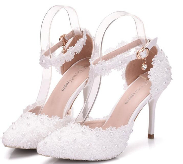 Elegant Lace Pearls Wedding Bridal Shoes For Bride Flowers Designer Sandals 9CM High Heels Pointed Toe White Pink Free Shipping High Quality