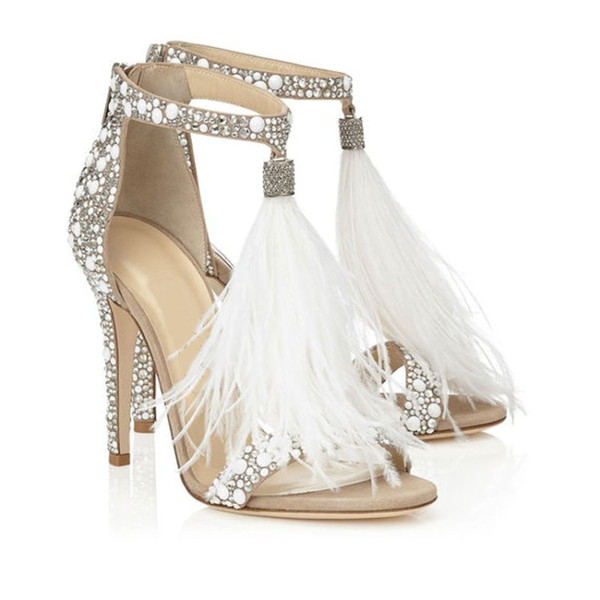 Feather Wedding Designer Shoes 4 inch High Heel Crystals Rhinestone Bridal Shoes With Zipper Party Sandals Shoes For Women