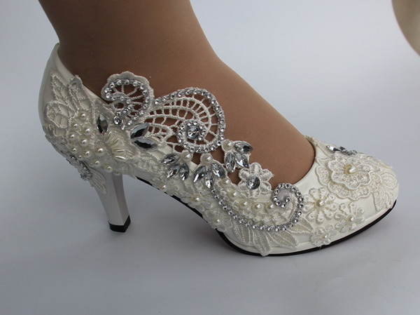 New Fashion Free Shipping Ladies Rhinestones Pearls Lace Ivory Peep Toe Shoes High Heel Bridal Stilettos