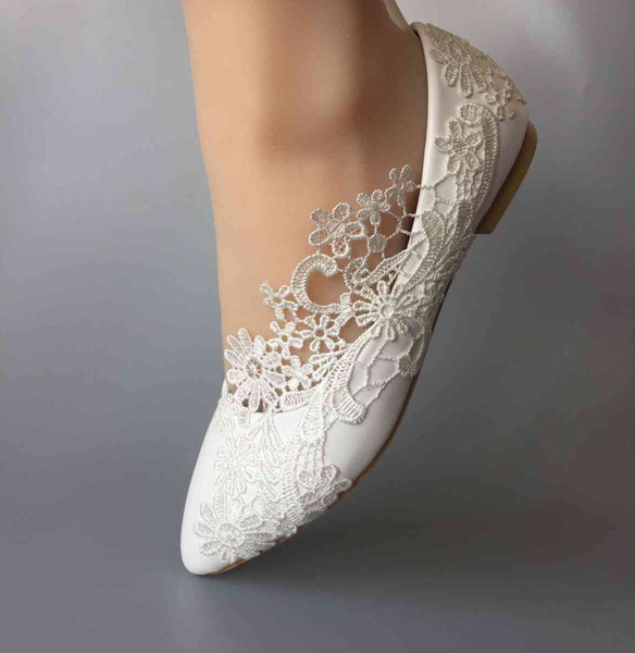 Women Wedding shoes Waterproof lace bride wedding dresses Flat diamond lace manual wedding BRIDAL shoes SIZE EU 35-42