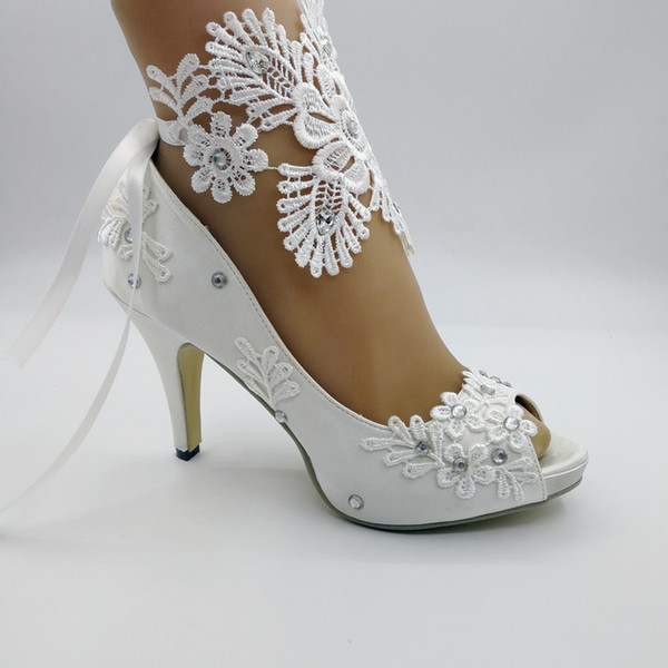 NEW Handmade Women white FLOWER ribbon Wedding shoes lace flower Bridal Bridesmaid Heel shoes size EU 35-41