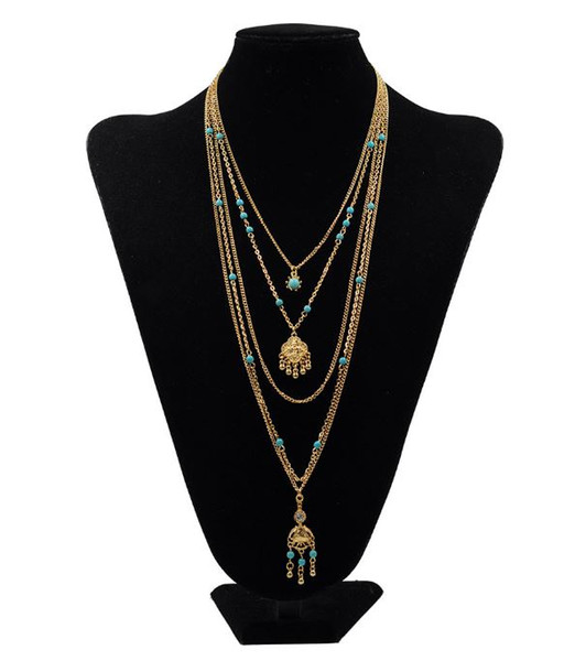 European and American antique multi-storey tassel long sweater chain Turquoise Necklace gold and silver Length 45~76cm