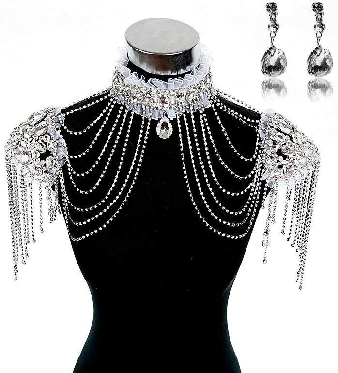 Fashion Bridal Dresses Epaulet Jacket Crystal Rhinestone Silver Necklace Long Shoulder Long Full Body Chain Earrings Jewelry Set