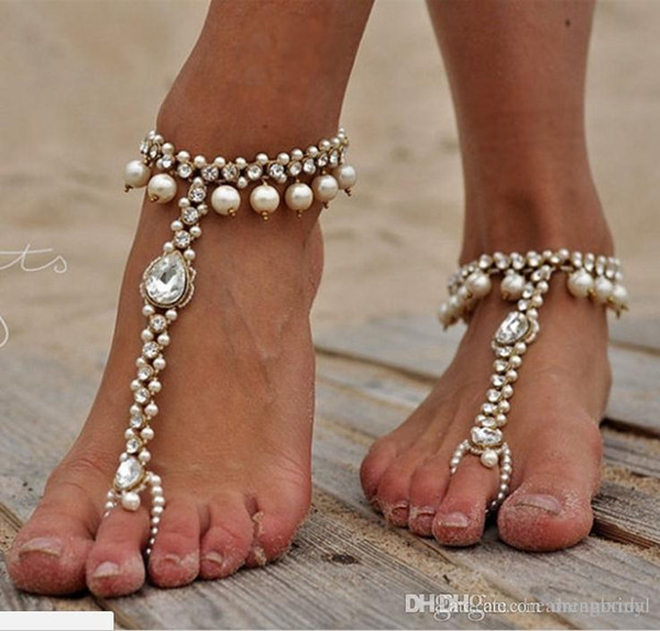 Bridal Pearl and Crystal Barefoot Sandals Wedding Shoes Yoga Accessoried Dance Shoes Foot Jewellery Pool Nude Shoes Beach Necessity