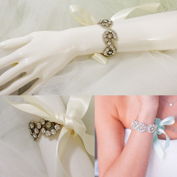 High Qulity Vintage Charm Silver Bracele Satin Ribbon Tulle Tie Rhinestones Glass Beads Bridal Hands Accessories Wedding Crystal Accessories