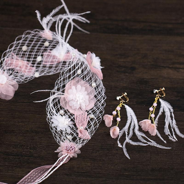 Bridal accessories pink mesh feather hair band earrings set 2018 new flower garland wedding dress shoot bridal headdress